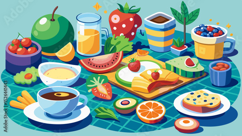 Colorful cartoon breakfast table with fruits, juice, toast, coffee, sweets and vegetables in a cheerful setting