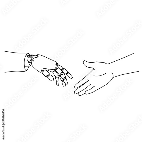 Human hand reaching out to robotic hand in line drawing style, concept of line drawing on a transparent background  