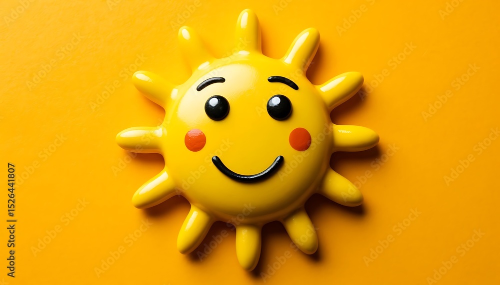 Fototapeta premium A bright yellow sun with a smiling face on a vibrant orange background. The sun has a cheerful expression with round eyes and rosy cheeks.