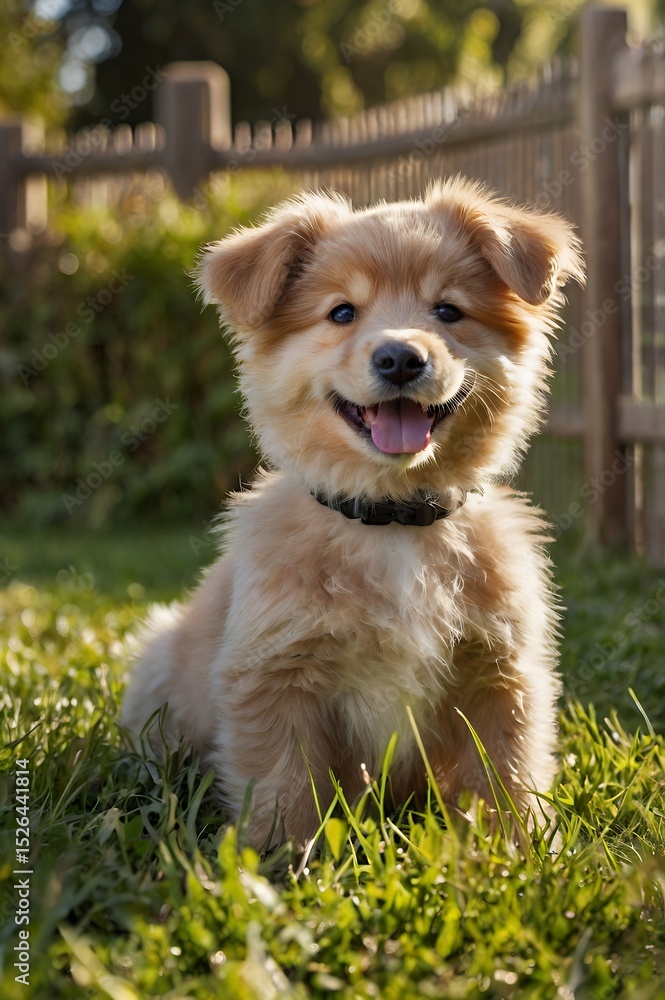 Fototapeta premium Portrait of an adorable fluffy puppy with a collar smiling in a backyard