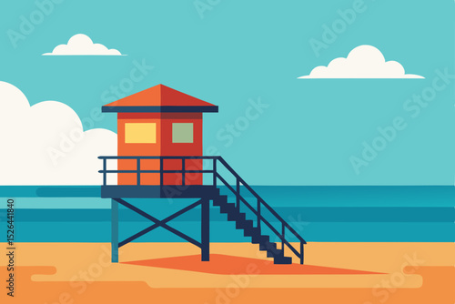 Summer Beach Lifeguard Tower  Oceanfront View, Sunny Day, Coastal Relaxation