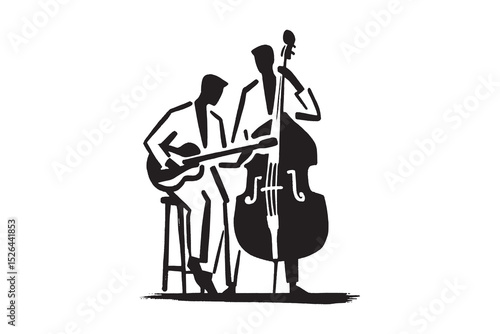 Jazz musicians playing guitar and double bass ink vector illustration

