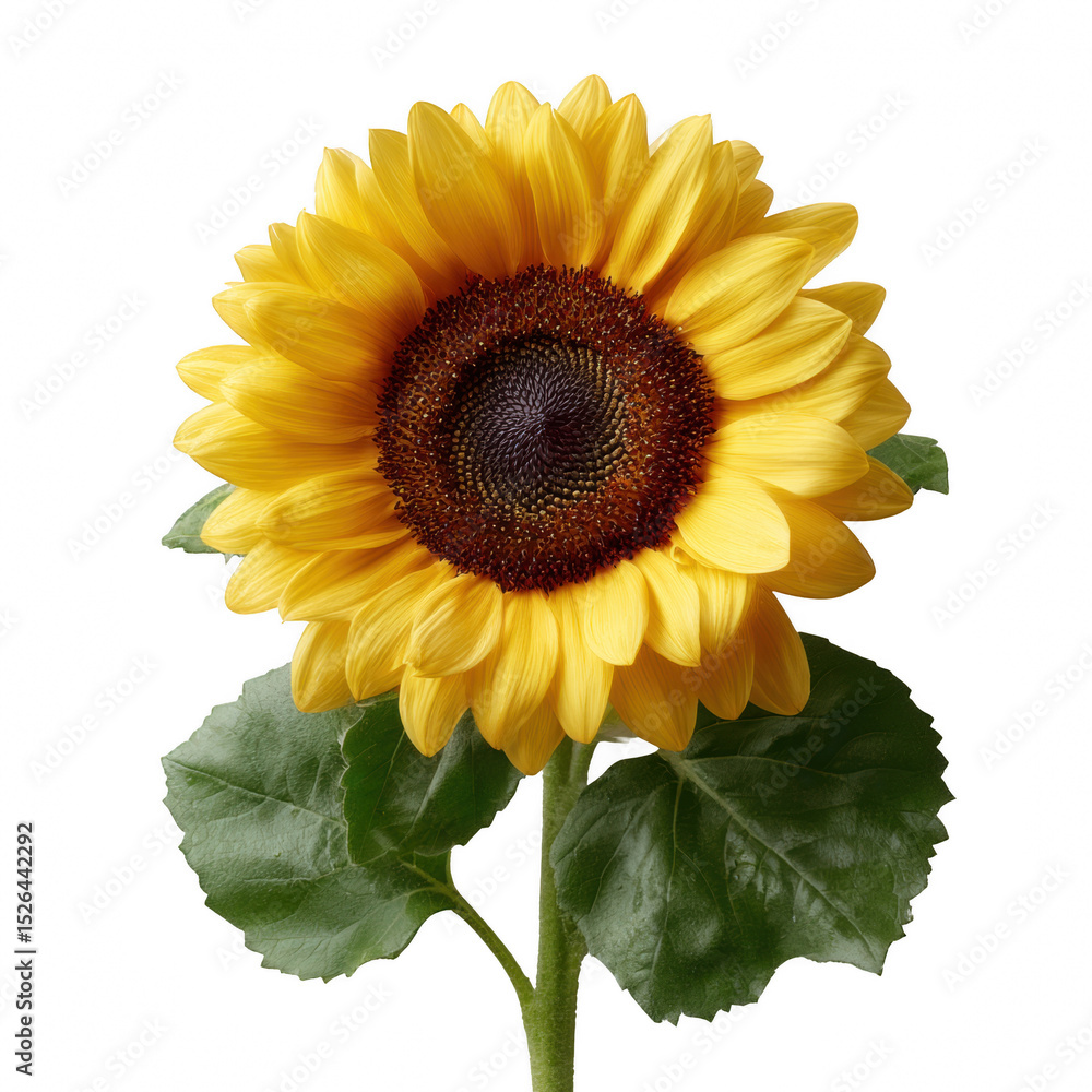 Fototapeta premium A vibrant sunflower showcasing its golden petals and rich brown center, surrounded by lush green leaves, perfect for nature-themed designs.