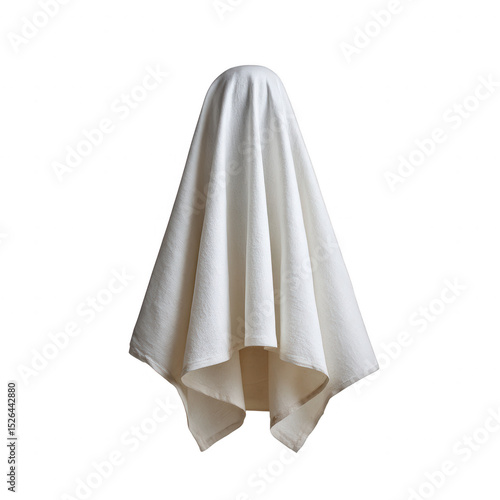 A white sheet draped elegantly, creating a ghostly silhouette against a white background. Perfect for Halloween or themed decor. A creative representation of whimsy and fun.