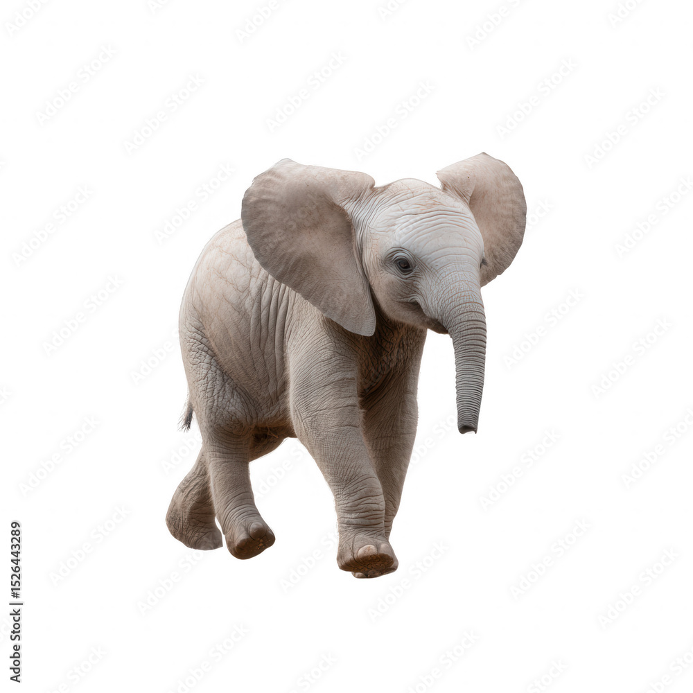 Obraz premium A young elephant walking gracefully on a white isolated background, showcasing its unique features and playful demeanor.