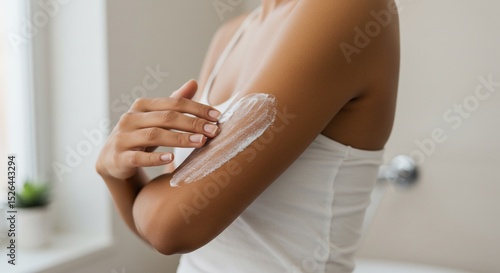 Woman smoothing lotion onto her arm