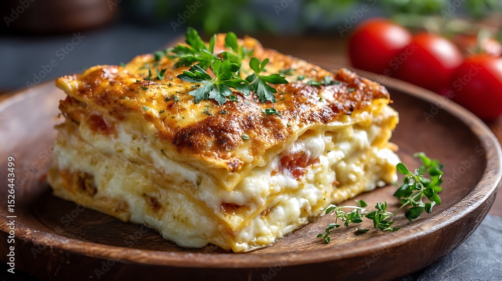 Golden Lasagna Slice with Fresh Herbs and Tomatoes Golden Lasagna Slice with Fresh Herbs and Tomatoes