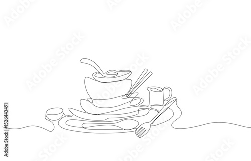 Continuous one line drawing of a stack of dirty dishes, bowls, cups, and utensils after a meal. Minimalist kitchenware illustration. Vector illustration, Editable stroke