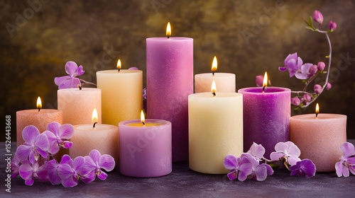 Group of decorative candles with flowers.