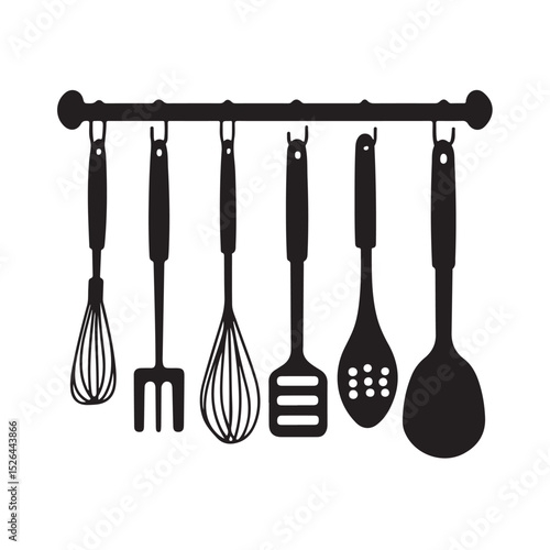 Collection of various kitchen utensils and cookware in black silhouette