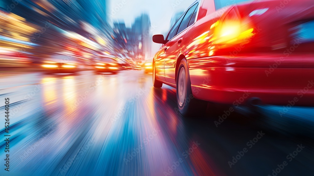 Red car moving fast on a wet city street at night. Red car moving fast on a wet city street at night.