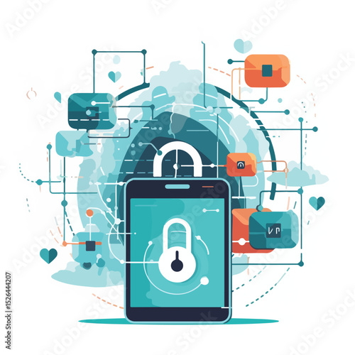Professional Business Security Concept with Smartphone, Padlock, and Global Symbol