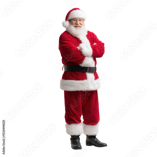Cheerful Santa Claus in iconic red suit with white fur trim, arms crossed, standing confidently. Perfect for festive holiday themes and joyful celebrations.