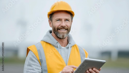 Smiling construction worker in safety gear using digital tablet at construction site, showcasing focus and professionalism for safer work environment.