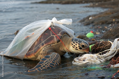 Canvas Print A sea turtle look trapped in broken and torn plastic wrapped around its body