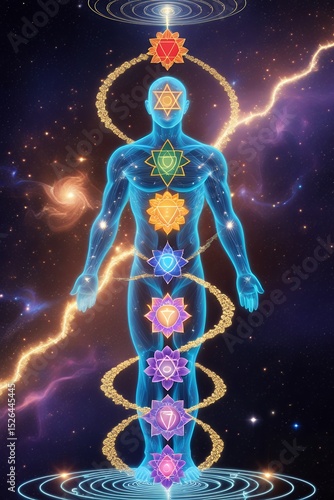 Human energy system with seven glowing chakras for meditation and spiritual healing