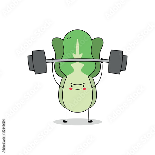 Cute Lettuce cartoon character lifting weight barbell doodle