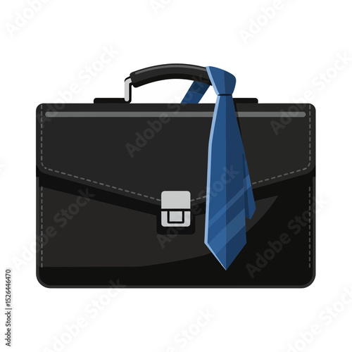 Black leather briefcase with blue tie on transparent background, concept for business, corporate identity, and professional attire