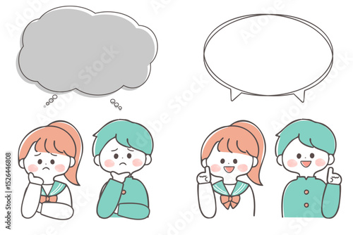 悩んでいる時と解決した時の学生の男女のイラストセット