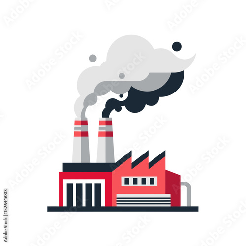 Stylized illustration of a factory emitting grey and black smoke, concept for industrial pollution and environmental issues
