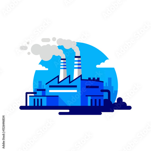 Stylized illustration of a factory emitting smoke against a blue sky background, concept for industrial design, manufacturing, pollution, and environmental issues