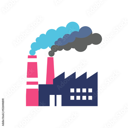 Stylized illustration of factory with smoke stacks, concept for industrial design, manufacturing, and pollution graphics