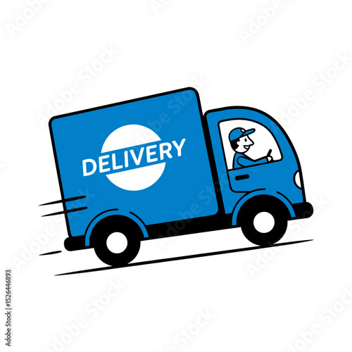 Cartoon illustration of a blue delivery truck speeding down the road, concept for transportation, logistics, and delivery services