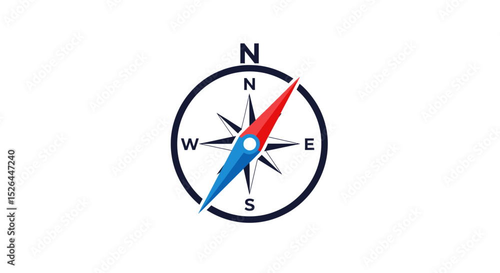 Simple compass icon with red and blue needle pointing northeast, concept for navigation, travel, adventure, and direction Simple compass icon with red and blue needle pointing northeast, concept for navigation, travel, adventure, and direction