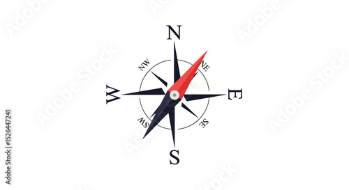 A simple compass rose design with a red needle pointing northeast, concept for navigation, travel, and direction illustration