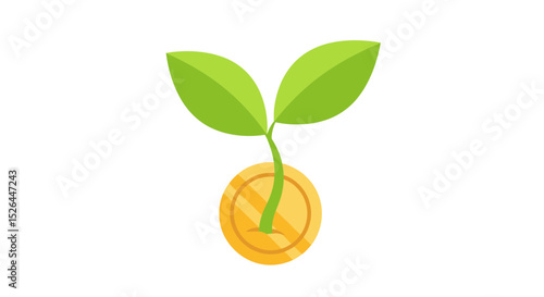 Simple illustration of a sprout growing from a gold coin, concept for financial growth and investment