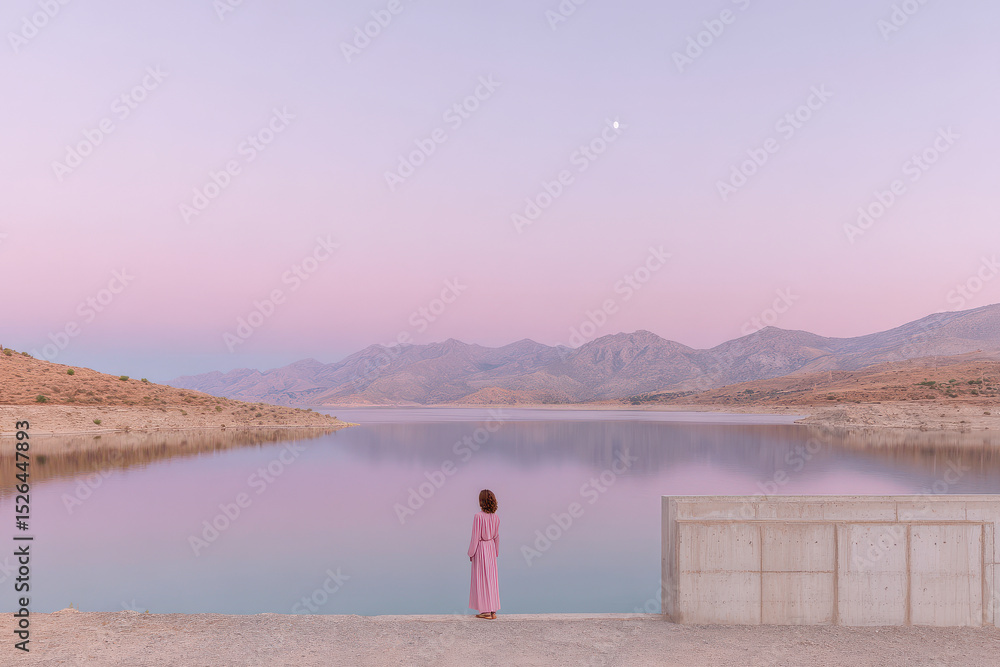 Fototapeta premium minimalist scene featuring person in pink clothing standing before hydroelectric dam in turkey at sunset
