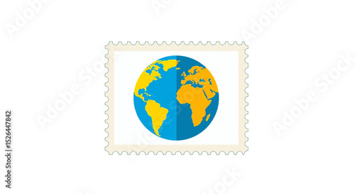 Stylized illustration of Earth globe inside a postage stamp frame, concept for travel, global communication, and international postage