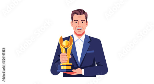 Smiling man in a suit holding a golden trophy, concept for award ceremony, achievement, success, and business victory