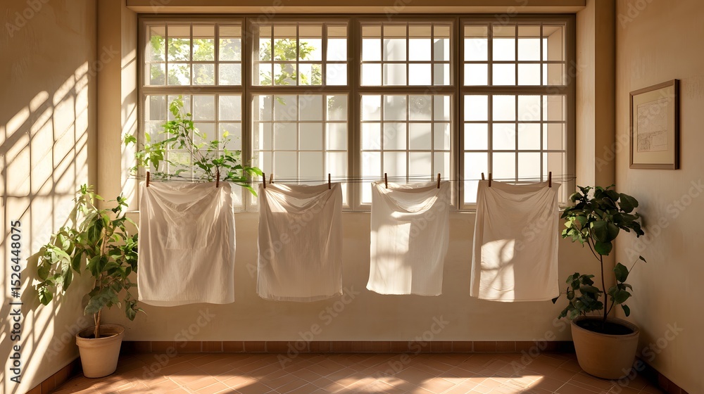 Sunlight streams through windows illuminating laundry hanging on a clothesline. Sunlight streams through windows illuminating laundry hanging on a clothesline.