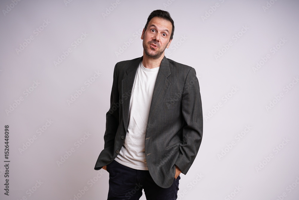 Fototapeta premium Male Model Showing Different Emotions on White Studio Background