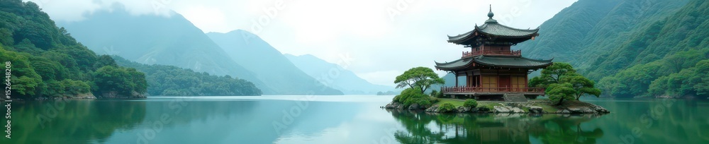Obraz premium Ancient wooden pagoda on lake, lush green hills backdrop , water, stockphoto