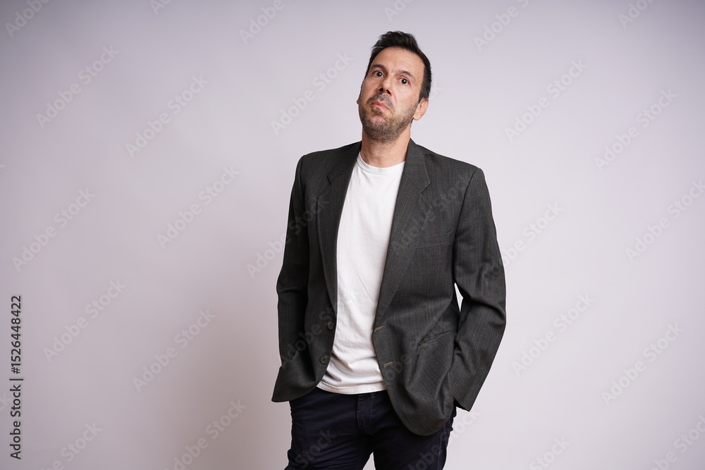 Fototapeta premium Male Model Showing Different Emotions on White Studio Background