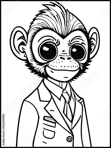 Suave Monkey in a Suit: A captivating black and white illustration features a debonair monkey elegantly attired in a suit, embodying sophistication and intelligence with a hint of mischief.