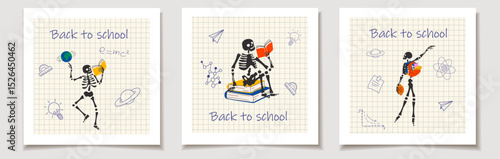 Funny Skeleton Student with School Supplies. Back to School Design