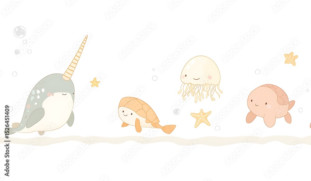 Naklejka premium A vector illustration of cute cartoon sea animals, including a narwhal, jellyfish, turtle, manta ray, and starfish, on a white background