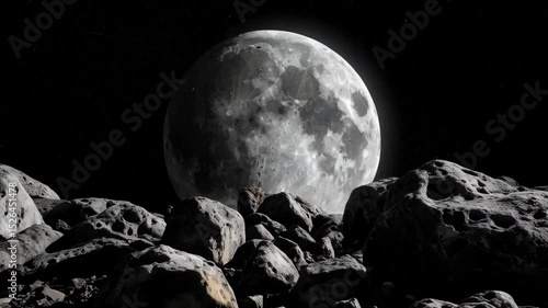 Rocky terrain landscape on a moon surface with a large full moon and star-filled sky background in deep space with cratered rocks.