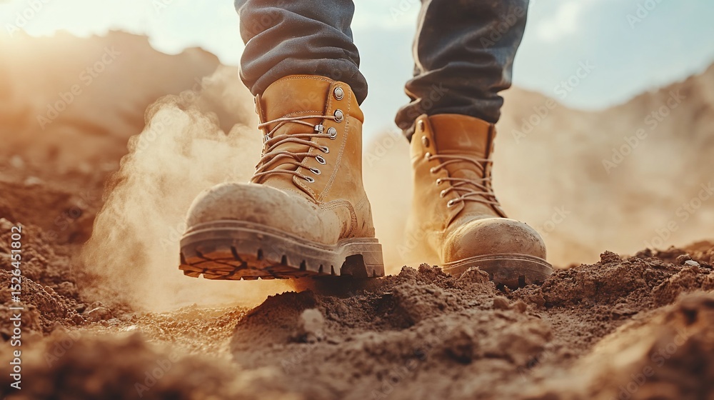 custom made wallpaper toronto digitalSturdy work boots on a dusty path.  Close-up view of the feet and boots