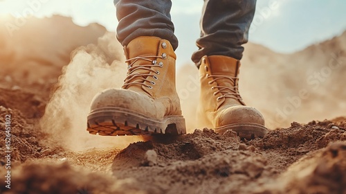 Wallpaper Mural Sturdy work boots on a dusty path.  Close-up view of the feet and boots Torontodigital.ca