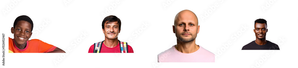 Fototapeta premium Four diverse upper body portraits, studio, cut out transparent