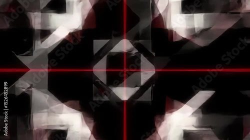 Abstract minimal techno visual with geometric shapes and glowing red laser crosshairs on a black background. Futuristic, symmetrical design ideal for VJ loops, digital installations, electronic music 