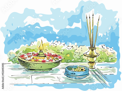 Decorative oil lamp with flowers and incense sticks on a table  