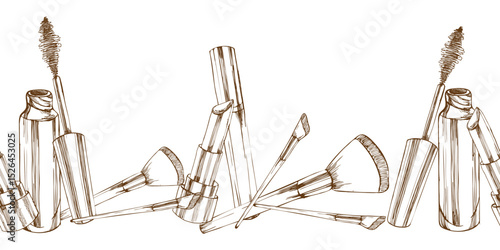 Beauty,make up ink seamless pattern with mascara,brushes and lipstick graphics illustrations. Hand drawn women face care and beauty tools vector clipart in outline style for packing, salon design