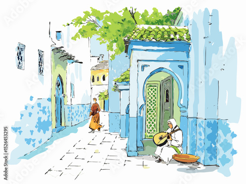 Traditional street scene with musicians in blue-walled city 