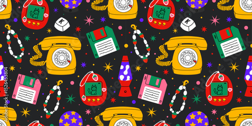 Seamless retro pattern with rotary phones, floppy disks, Tamagotchi toys, lava lamps, beaded bracelets, and stars. Colorful nostalgic 90s vibe on dark background.