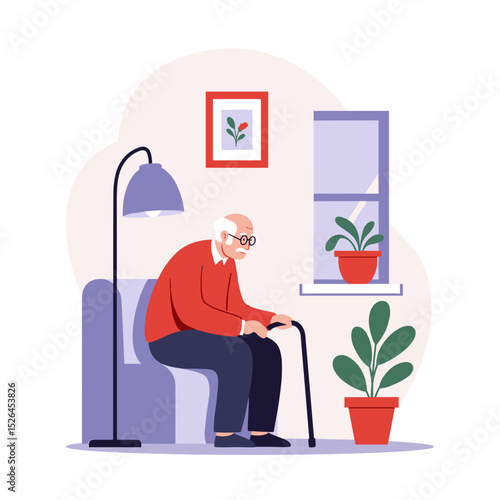 Elderly man sitting alone on sofa with cane in cozy living room  